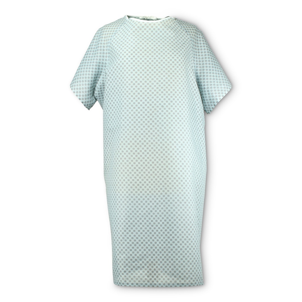 SMALL PATIENT GOWN, 55/45 COTTON/POLY, 41X51, BLACK SNOWFLAKE ON BLUE (PRICE PER DZ)