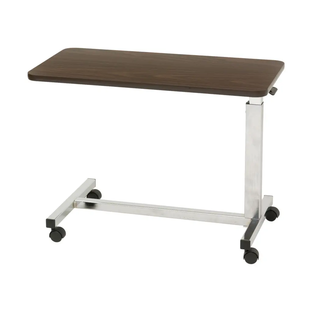 LOW OVERBED TABLE, H-SHAPE CHROME BASE WITH WALNUT TOP ONLY